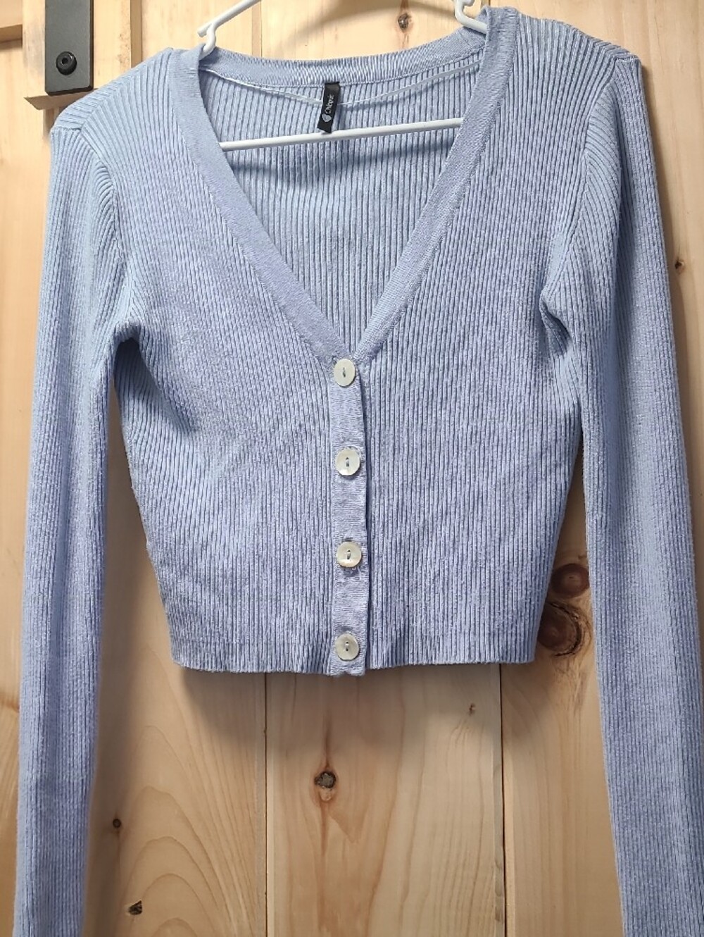 Chicorée Baby Blue Ribbed Cropped V-Neck Cardigan